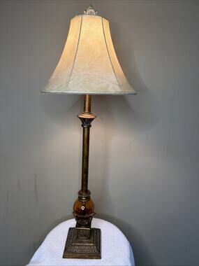 Amber Glass Candlestick Tall Gold Table Lamp & Shade Mid-Century Modern Vintage